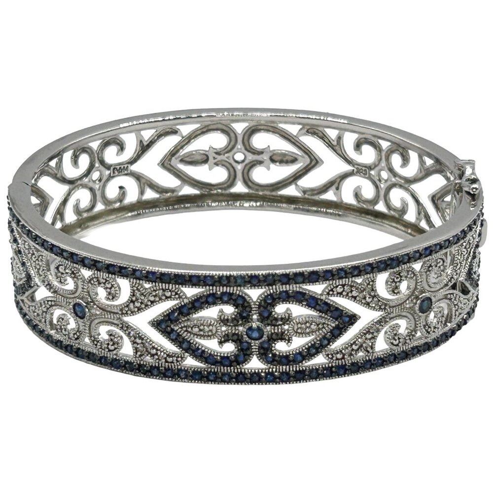 Sapphire & Diamond Hinged Bangle Bracelet 925 Sterling Silver - 7.75"